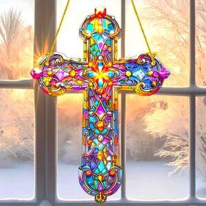 Suncatcher Cross Religion Hanging Window Decor Colorful Garden Mosaic Style NEW